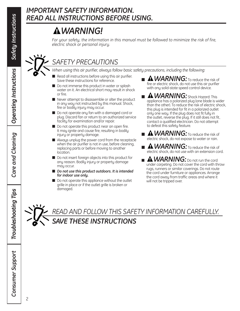 Safety instructions, Warning, Safety precautions | GE AFHC32AM User Manual | Page 2 / 44