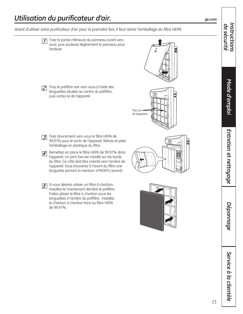 Utilisation du purificateur d’air, Utilisation du purificateur d’air , 22 | GE AFHC32AM User Manual | Page 21 / 44