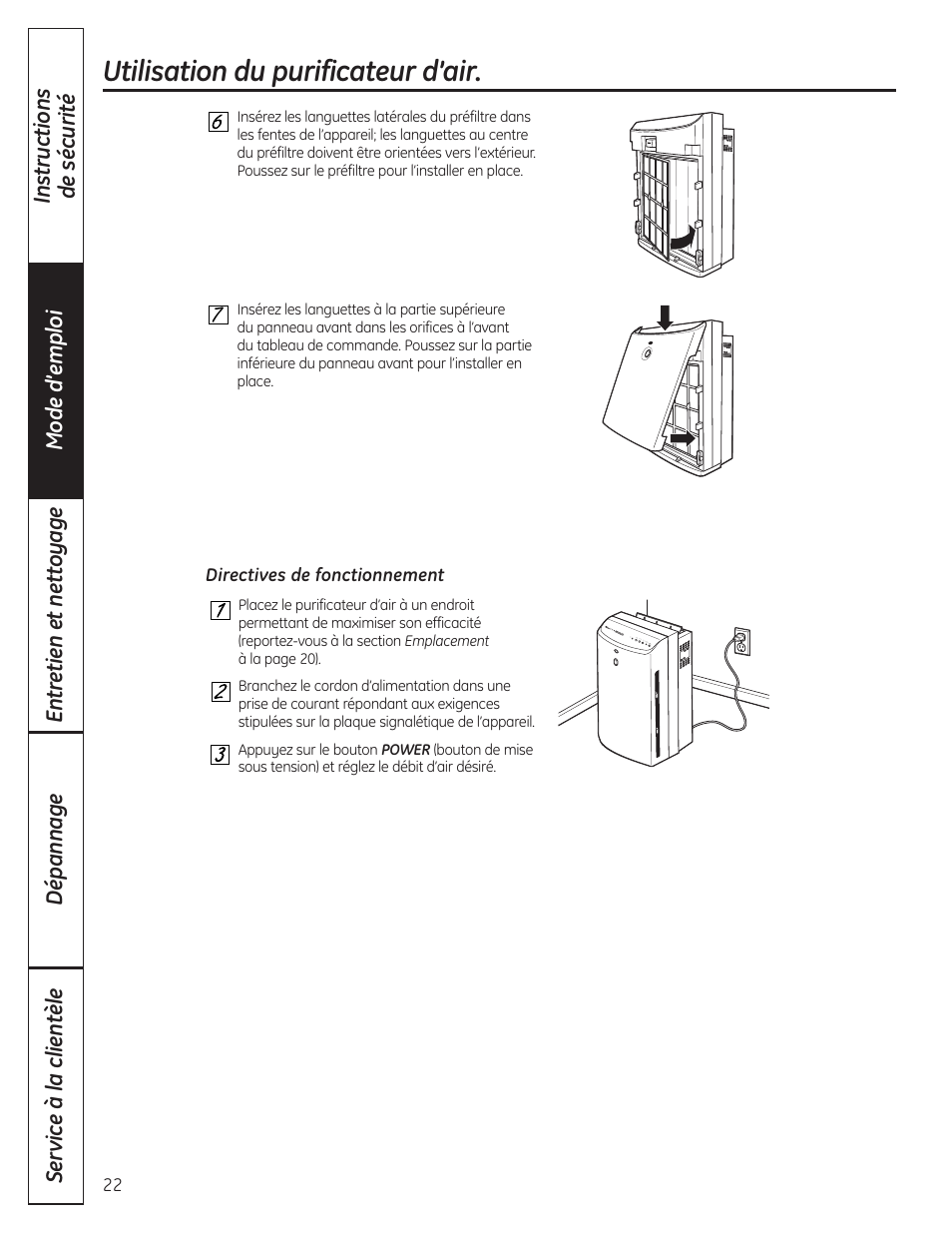 Utilisation du purificateur d’air | GE AFHC32AM User Manual | Page 22 / 44