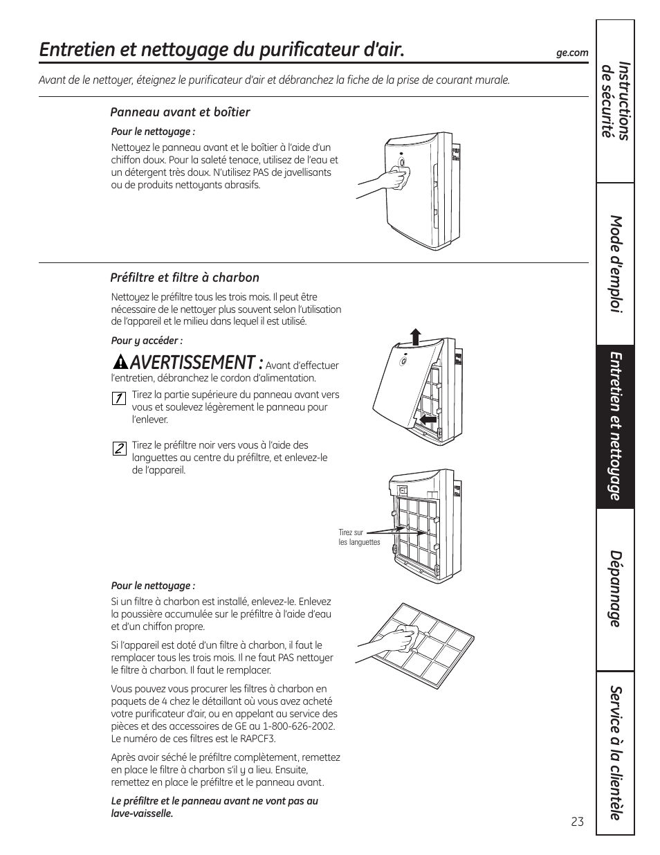 Panneau avant et boîtier, Préfiltre et filtre à charbon, Avertissement | Entretien et nettoyage du purificateur d’air | GE AFHC32AM User Manual | Page 23 / 44