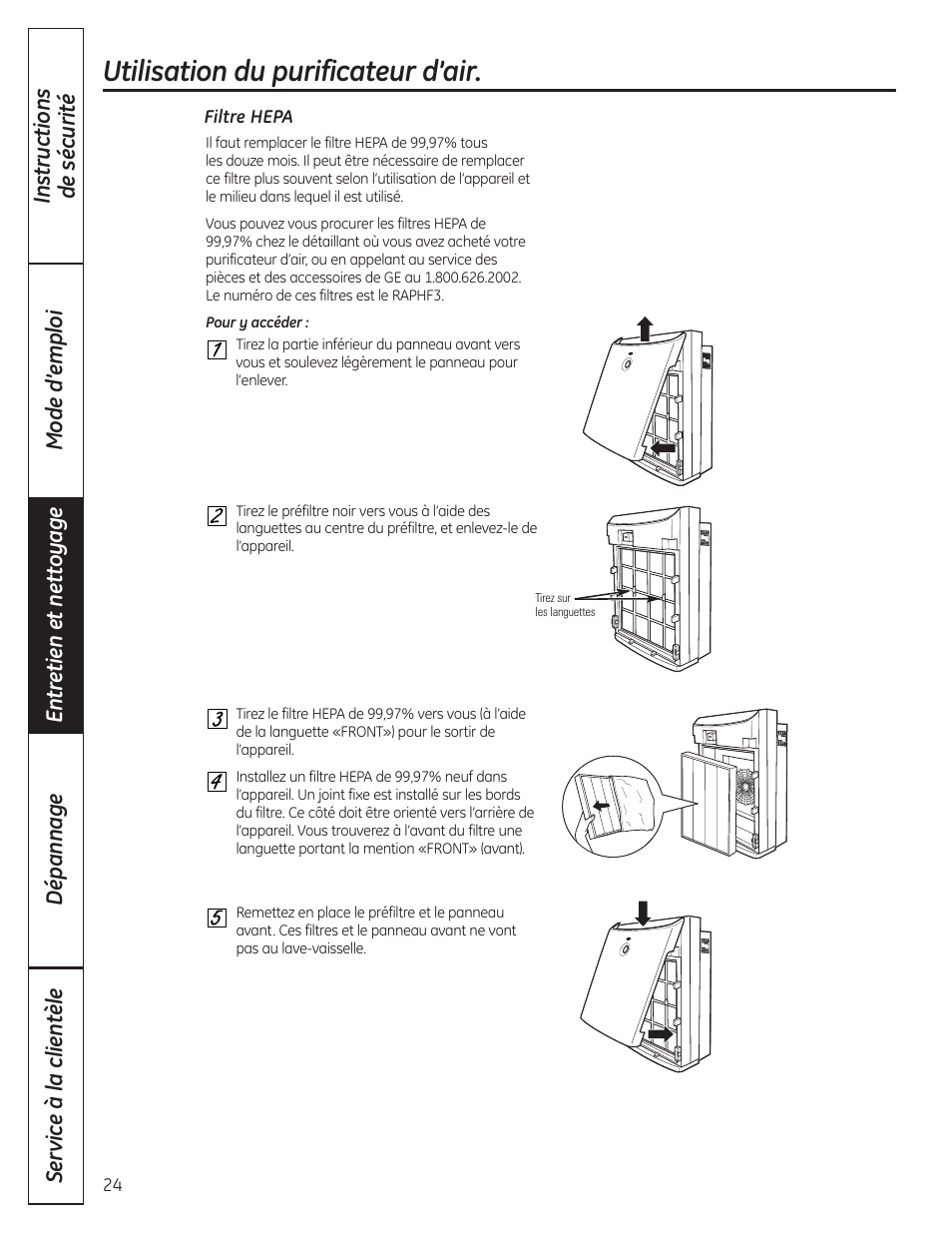 Filtre hepa de 99,97, Utilisation du purificateur d’air | GE AFHC32AM User Manual | Page 24 / 44