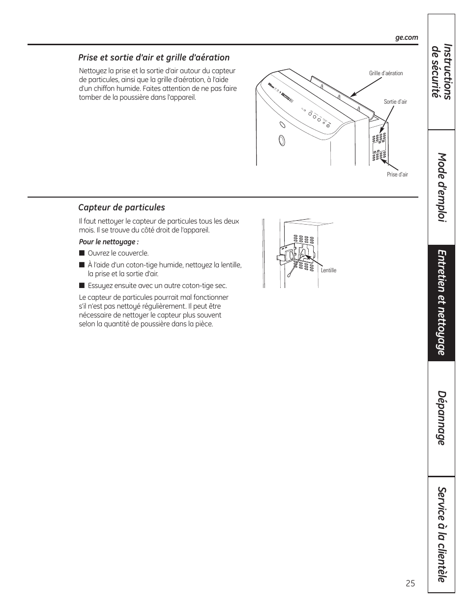 Prise et sortie d’airet grille d’aération, Capteur de particules | GE AFHC32AM User Manual | Page 25 / 44