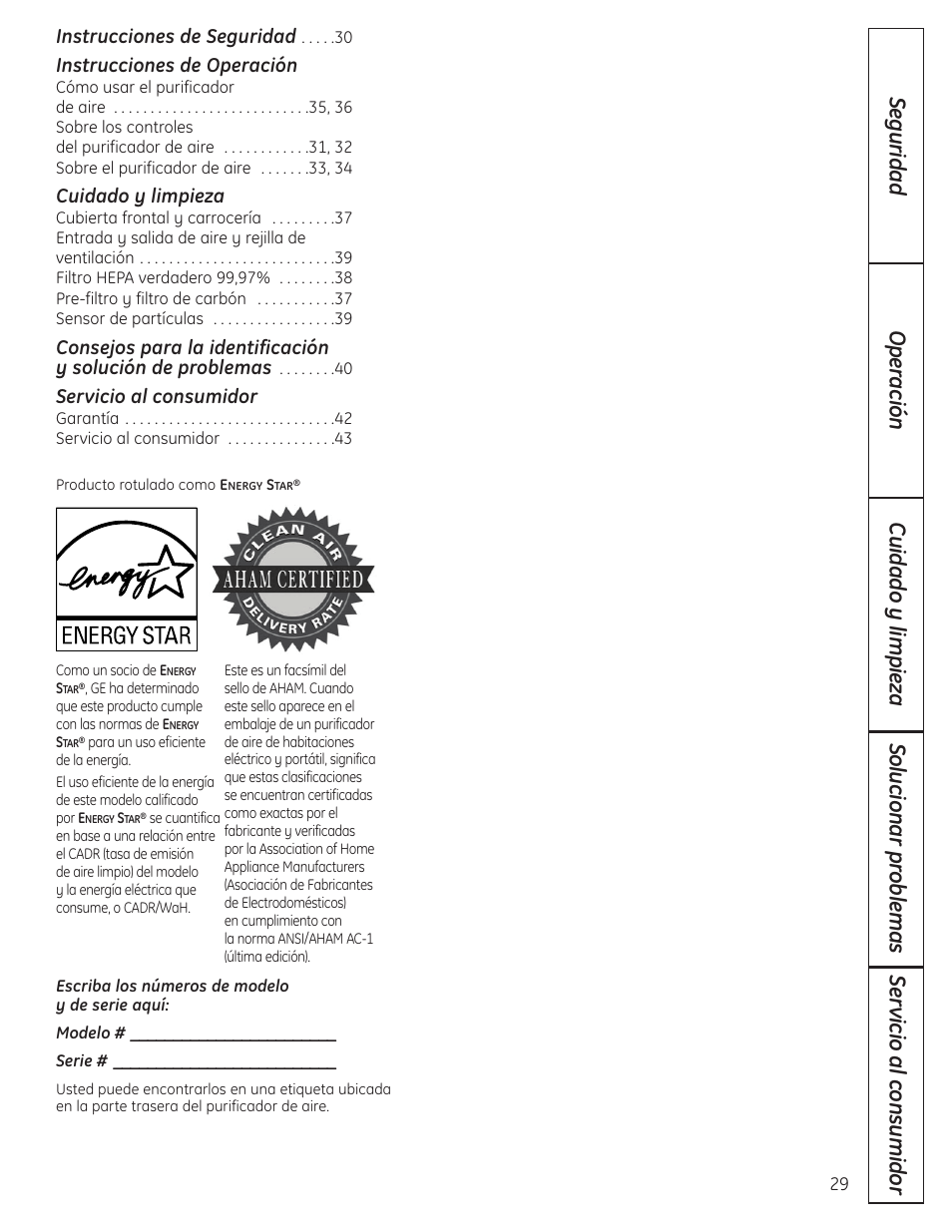 Spanish, Instrucciones de operación, Cuidado y limpieza | Servicio al consumidor, Instrucciones de seguridad | GE AFHC32AM User Manual | Page 29 / 44