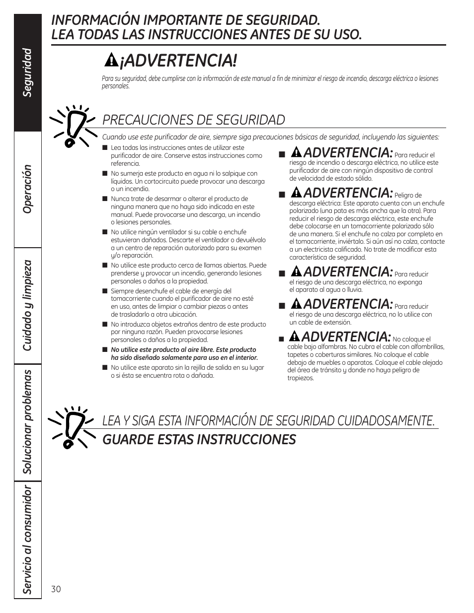 Instrucciones de seguridad, Advertencia, Precauciones de seguridad | GE AFHC32AM User Manual | Page 30 / 44