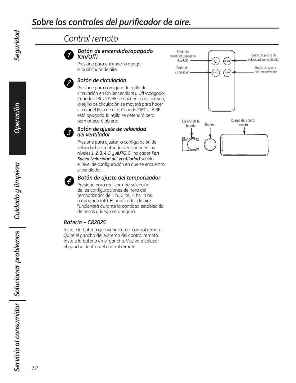 Control remoto, Sobre los controles del purificador de aire | GE AFHC32AM User Manual | Page 32 / 44