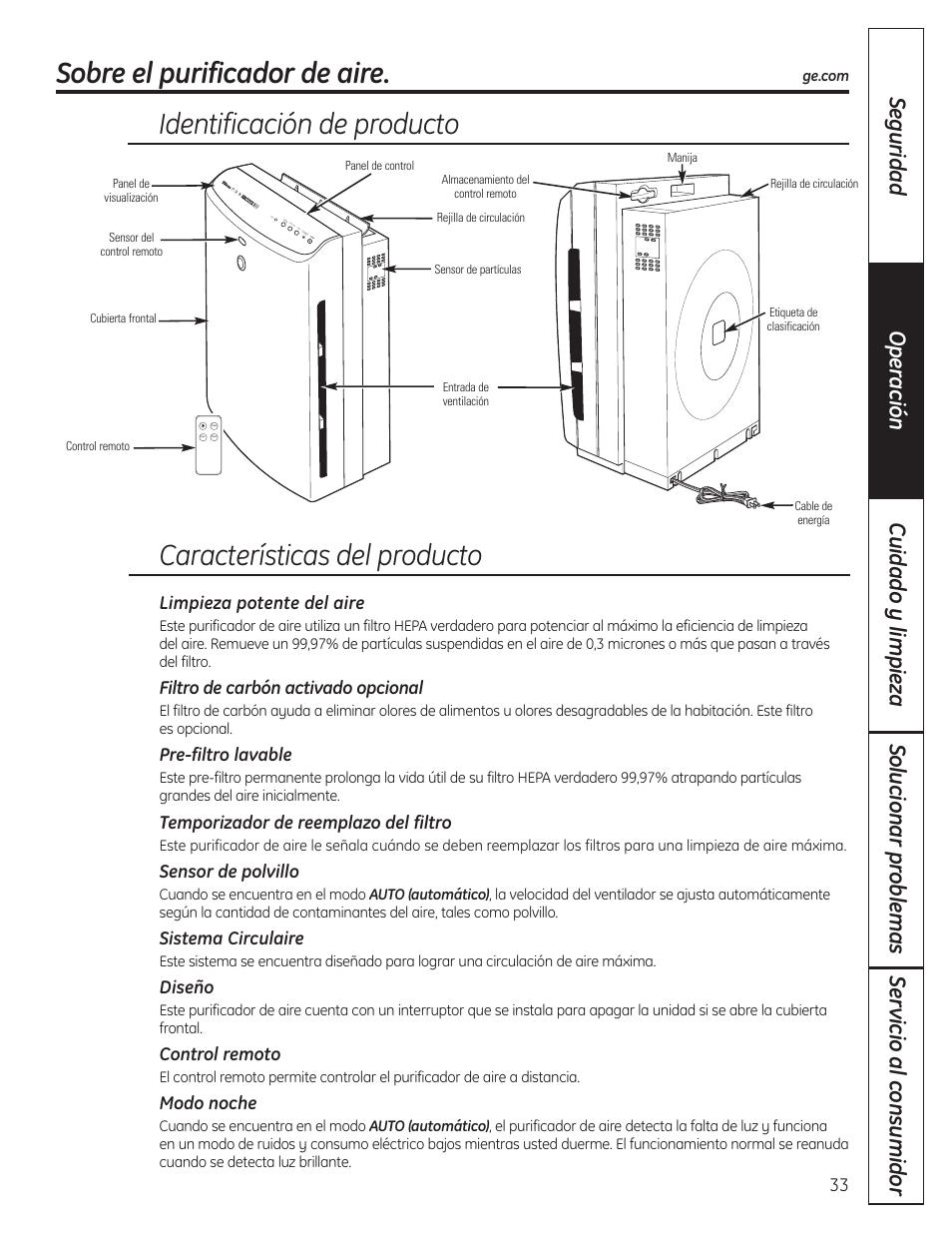 Sobre el purificador de aire, Sobre el purificador de aire , 34, Características del producto | Identificación de producto | GE AFHC32AM User Manual | Page 33 / 44