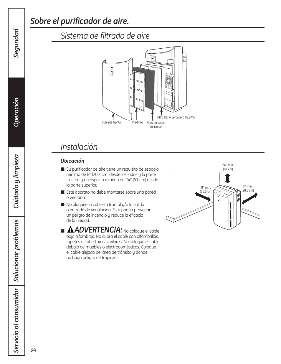 Advertencia, Instalación | GE AFHC32AM User Manual | Page 34 / 44