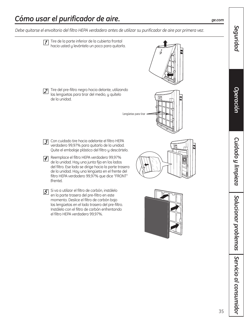 Cómo usar el purificador de aire, Cómo usar el purificador de aire , 36 | GE AFHC32AM User Manual | Page 35 / 44