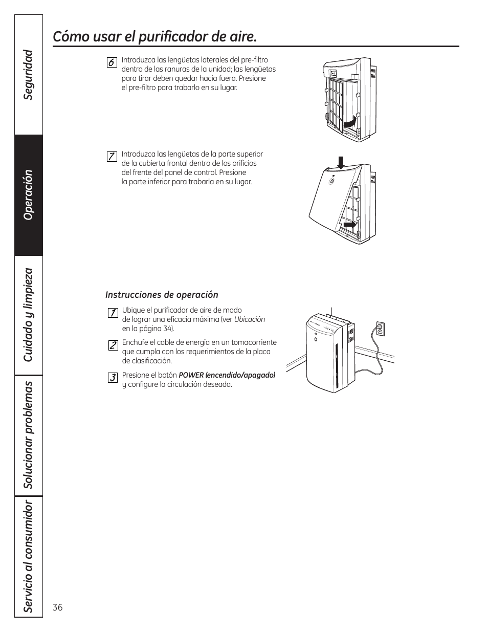 Cómo usar el purificador de aire | GE AFHC32AM User Manual | Page 36 / 44