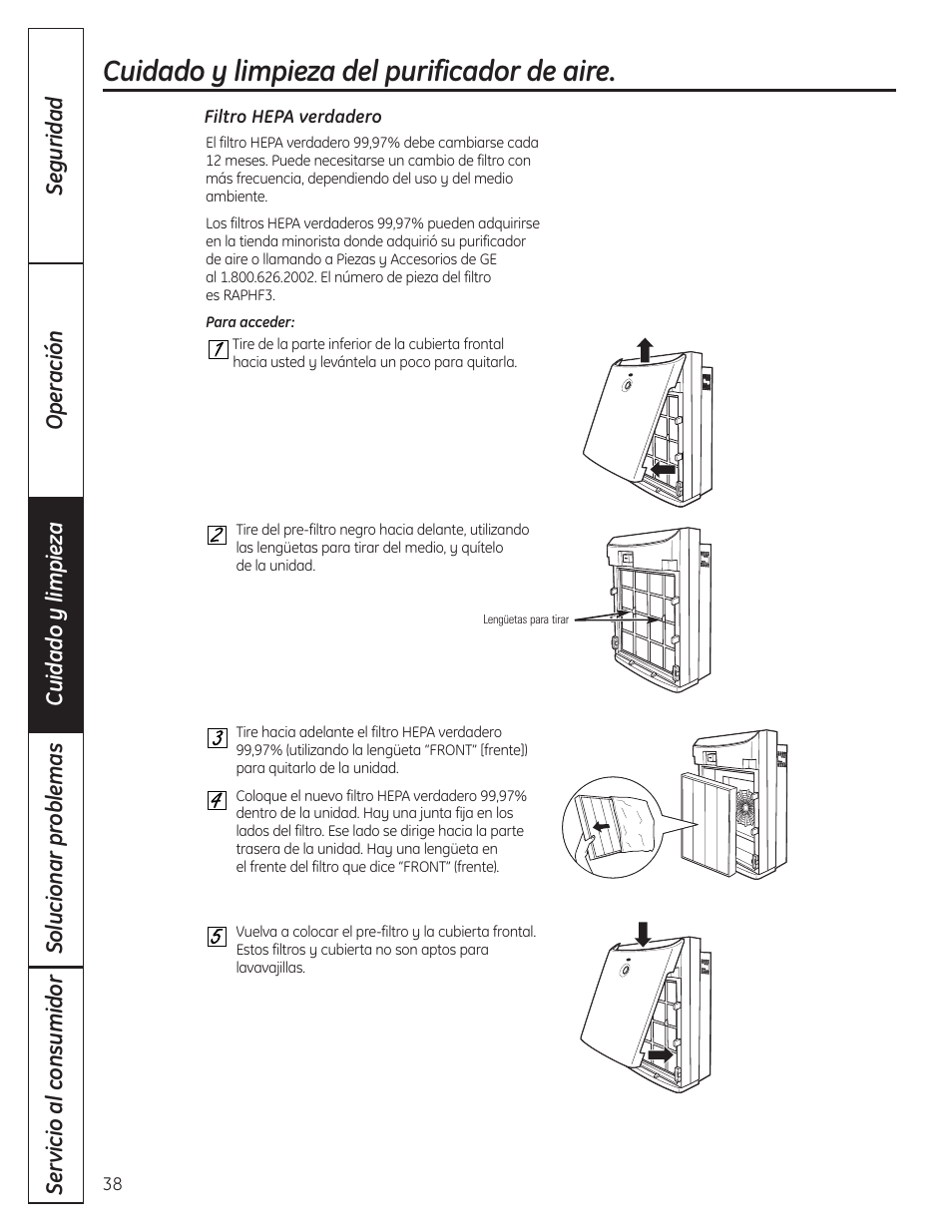 Filtro hepa verdadero 99,97, Cuidado y limpieza del purificador de aire | GE AFHC32AM User Manual | Page 38 / 44