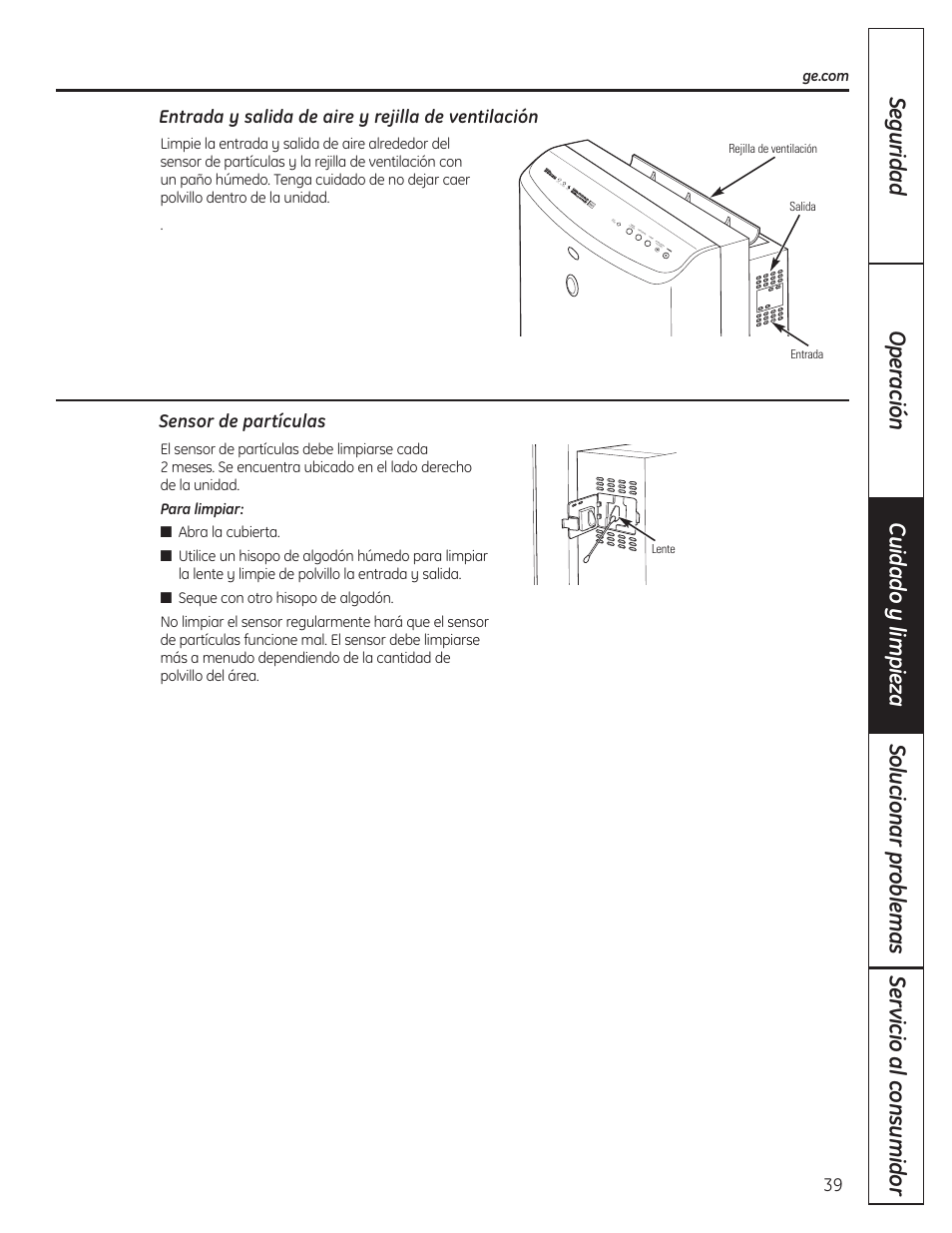 Entrada y salida de aire y rejilla de ventilación, Sensor de partículas | GE AFHC32AM User Manual | Page 39 / 44