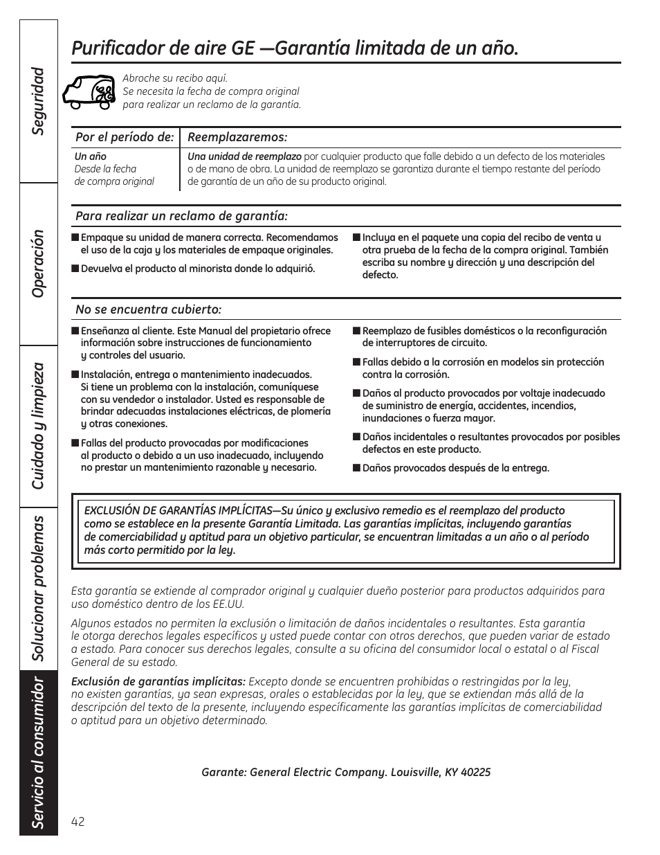 Garantía | GE AFHC32AM User Manual | Page 42 / 44