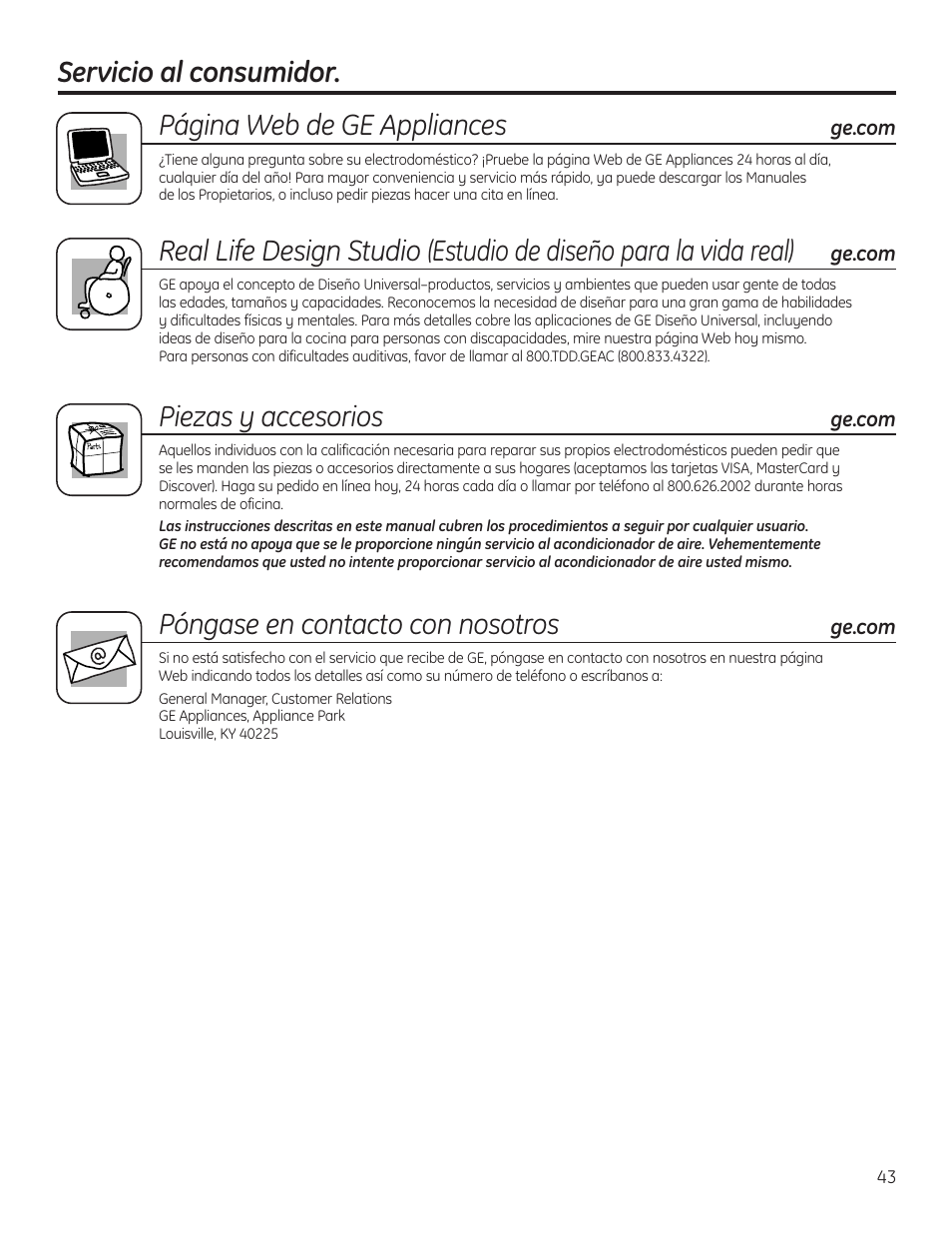 Servicio al consumidor, Piezas y accesorios, Póngase en contacto con nosotros | GE AFHC32AM User Manual | Page 43 / 44