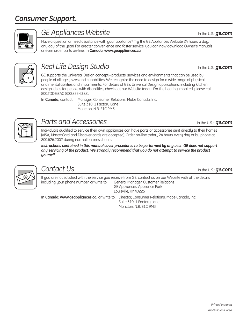 Consumer support, Consumer support. ge appliances website, Real life design studio | Parts and accessories, Contact us | GE AFHC32AM User Manual | Page 44 / 44