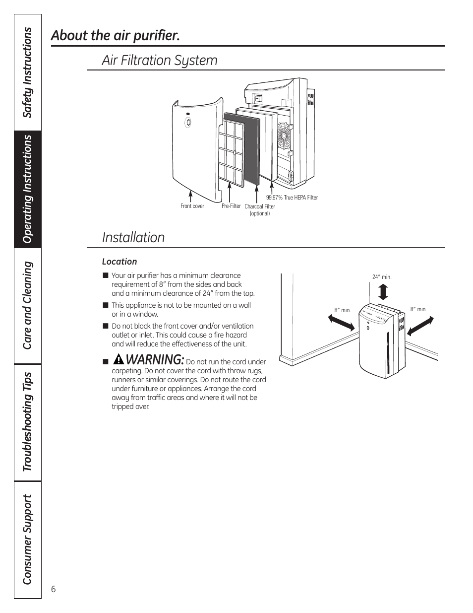 About the air purifier, Warning, Air filtration system | Installation | GE AFHC32AM User Manual | Page 6 / 44