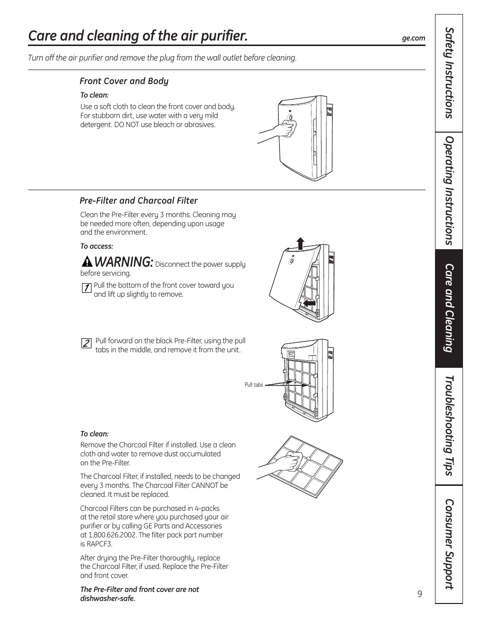 Front cover and body, Pre-filter and charcoal filter, Warning | Care and cleaning of the air purifier | GE AFHC32AM User Manual | Page 9 / 44