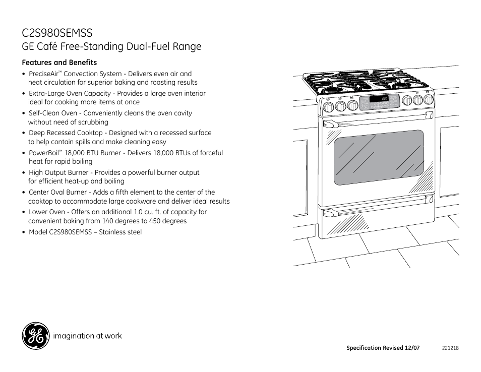 C2s980semss, Ge café free-standing dual-fuel range, Features and benefits | GE C2S980SEMSS User Manual | Page 2 / 2