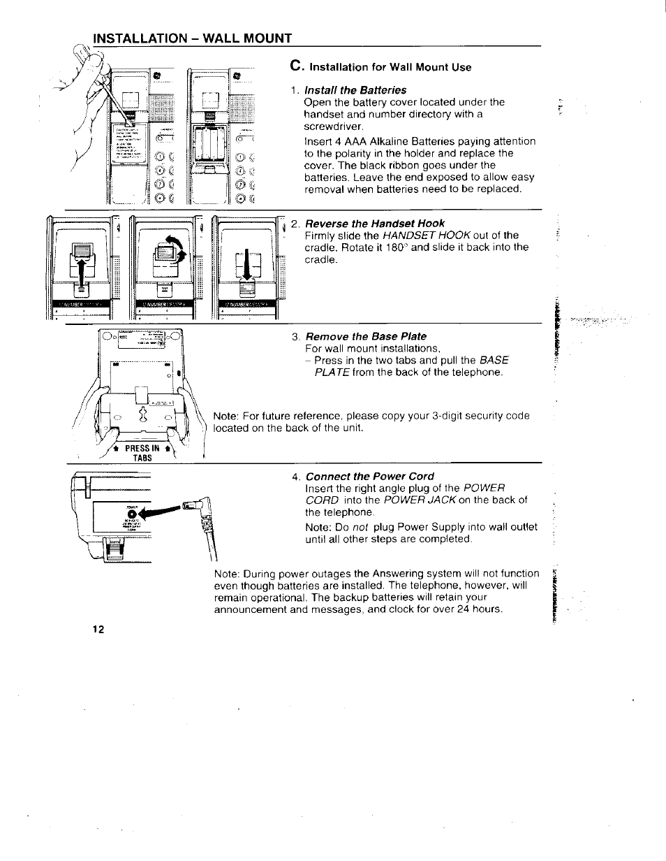 1 install the batteries, Reverse the handset hook, Remove the base plate | Connect the power cord, Installation - wall mount | GE 29831 User Manual | Page 15 / 35