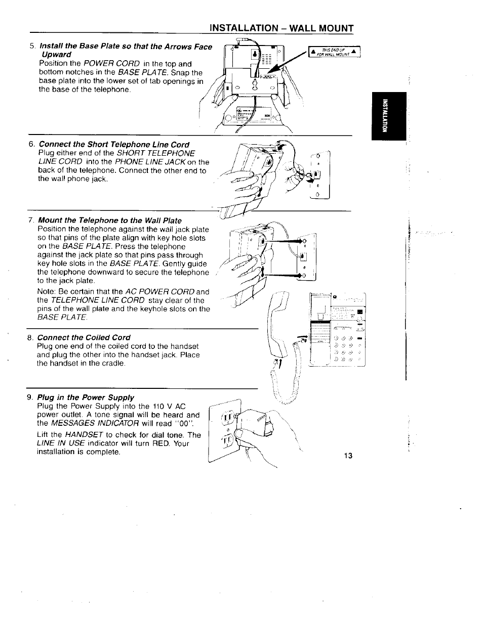 Connect the short telephone line cord, 7 mount the telephone to the wall plate, Connect the coiled cord | Plug in the power supply, Installation - wall mount | GE 29831 User Manual | Page 16 / 35