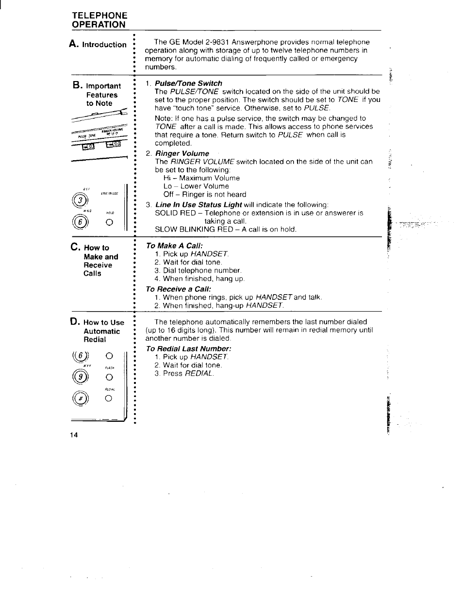 Pulse/tone switch, Ringer volume, To make a call | GE 29831 User Manual | Page 17 / 35