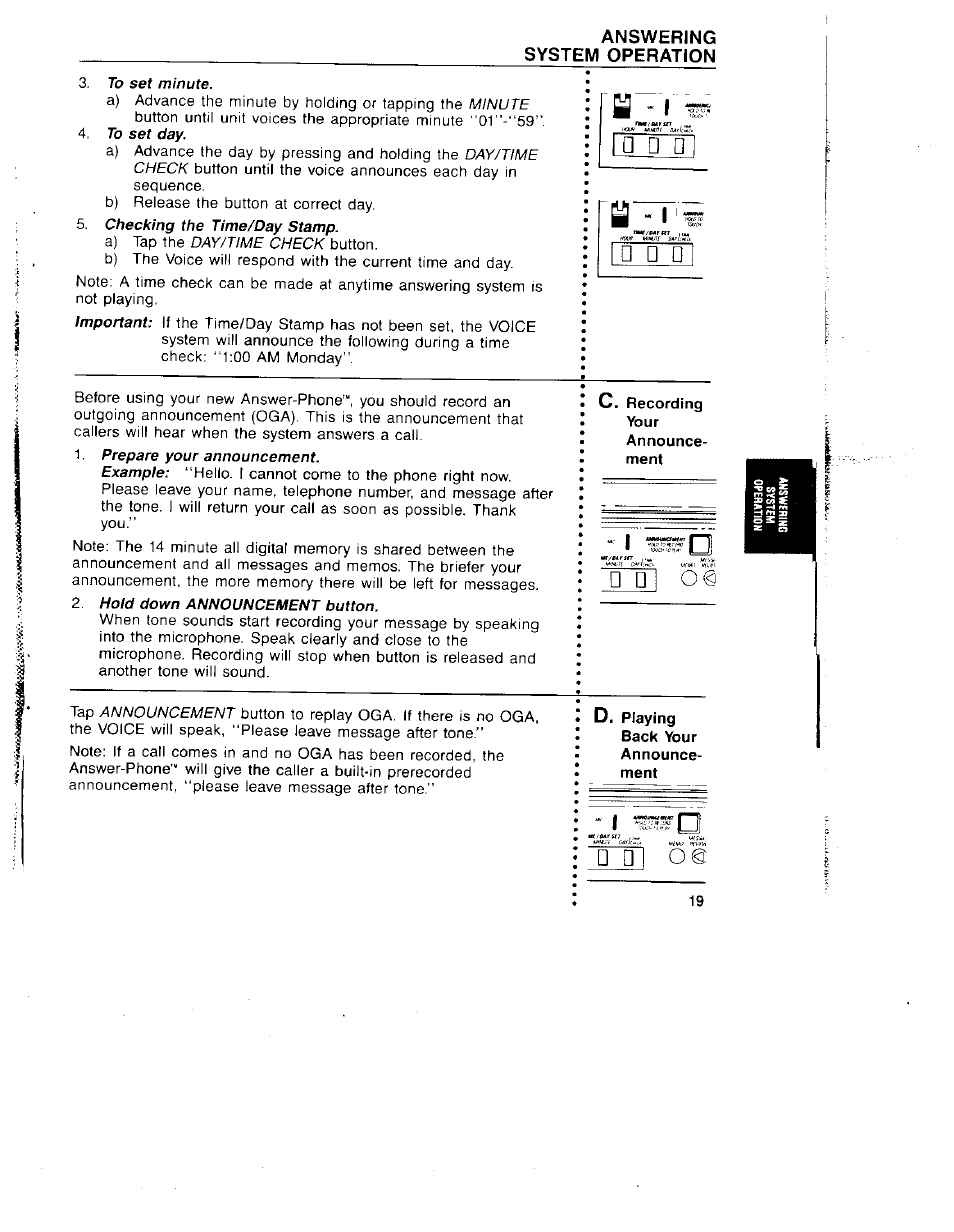 To set minute, 1, prepare your announcement, 2 hold down announcement button | Ütt1 o | GE 29831 User Manual | Page 22 / 35