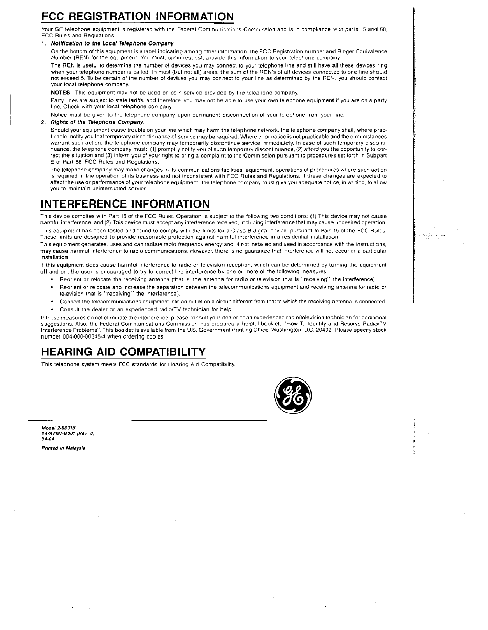 Fcc registration information, Interference information, Hearing aid compatibility | Notification to the local telephone company, Rights of the telephone company | GE 29831 User Manual | Page 35 / 35