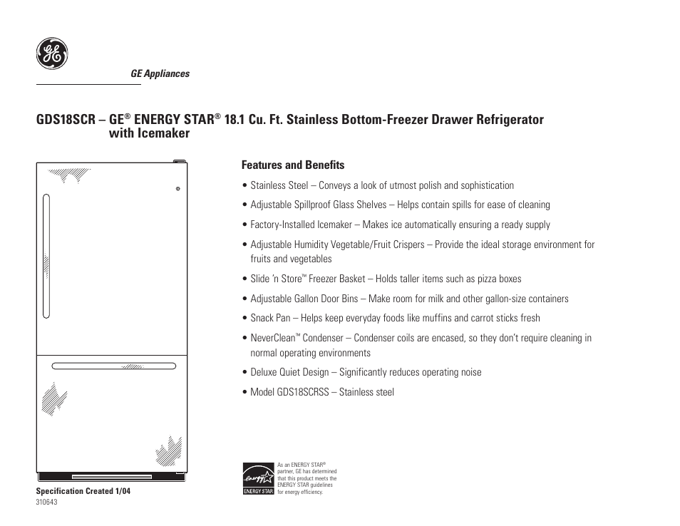 Gds18scr – ge, Energy star | GE Energy Star GDS18SCR User Manual | Page 2 / 2