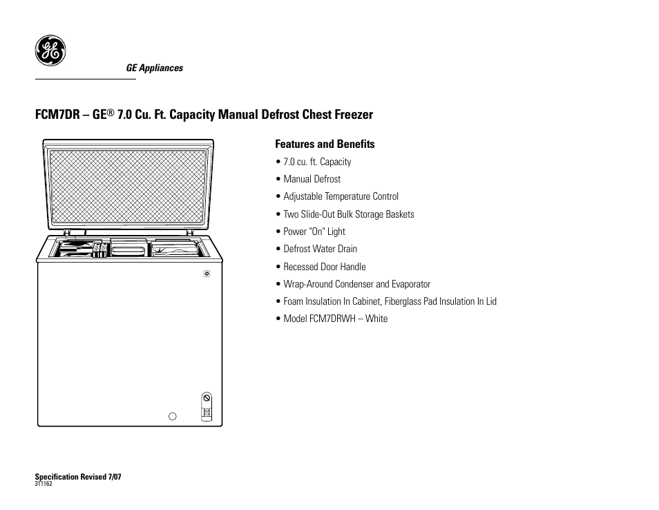 Fcm7dr – ge, 0 cu. ft. capacity manual defrost chest freezer | GE FCM7DR User Manual | Page 2 / 2