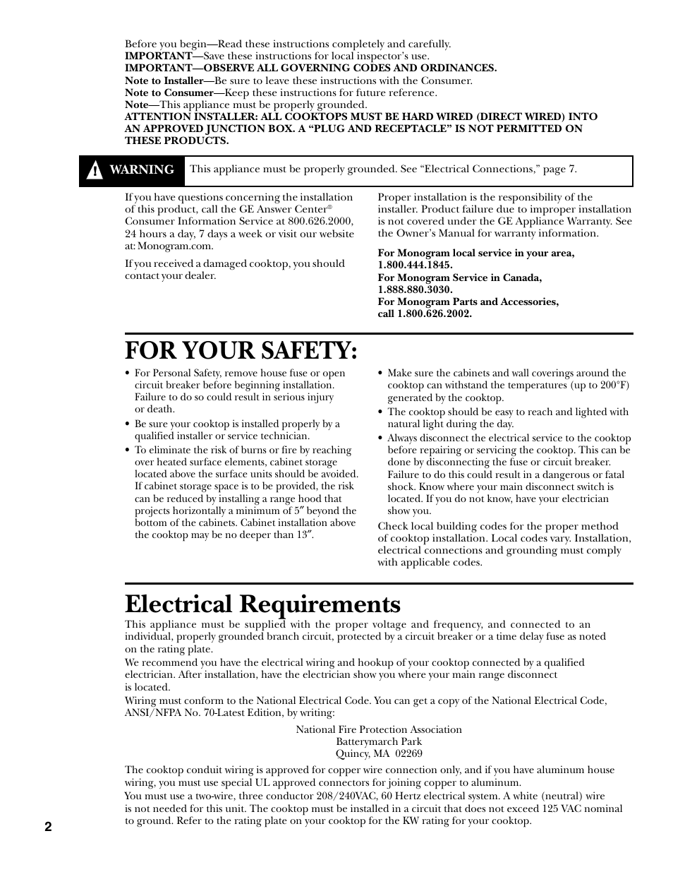 For your safety, Electrical requirements | GE 36 ELECTRIC RADIANT COOKTOP ZEU36R User Manual | Page 2 / 8
