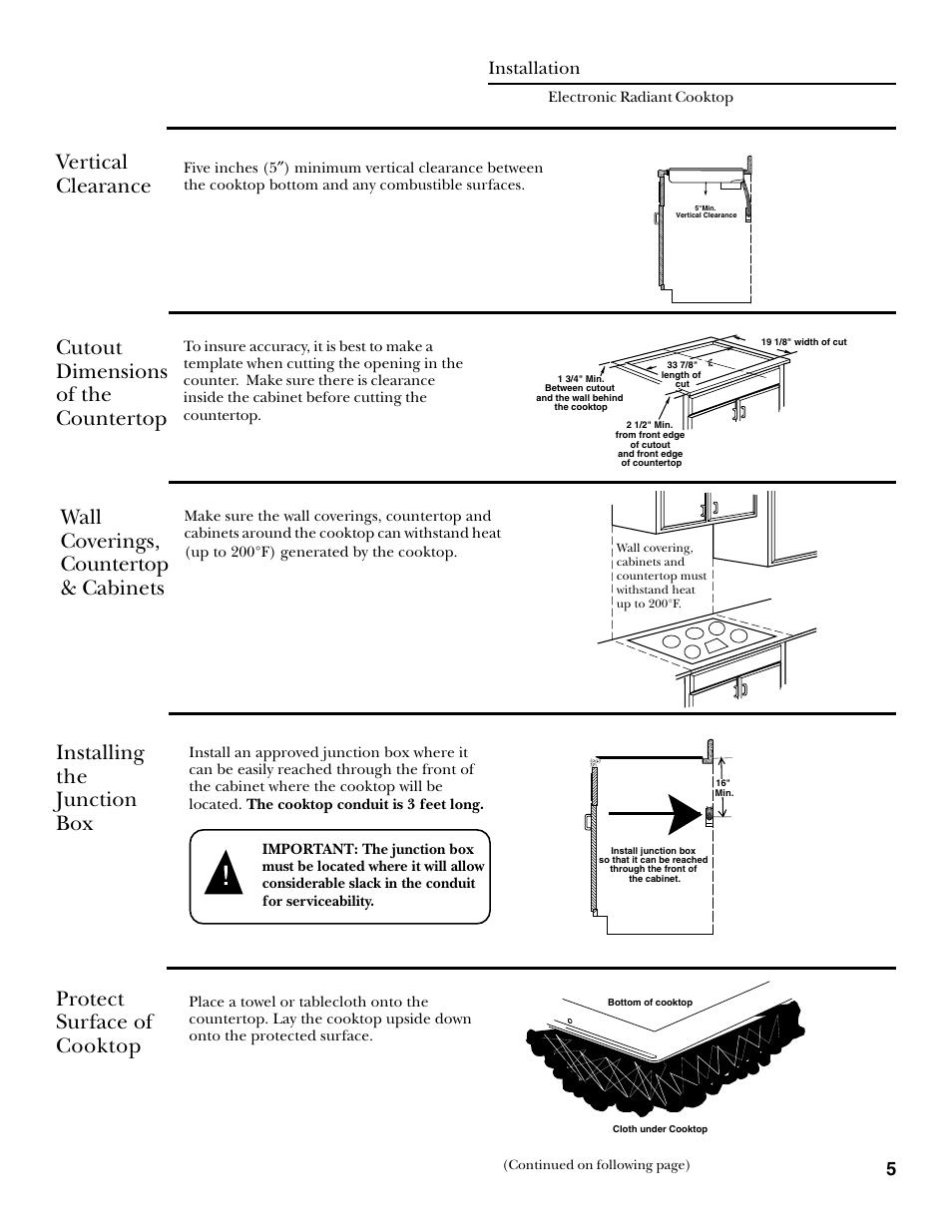 Vertical clearance, Cutout dimensions of the countertop, Wall coverings, countertop & cabinets | Installation, Installing the junction box, Protect surface of cooktop | GE 36 ELECTRIC RADIANT COOKTOP ZEU36R User Manual | Page 5 / 8
