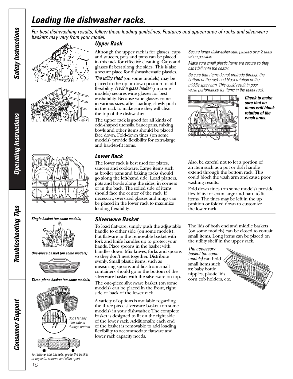 Loading the racks, Loading the dishwasher racks | GE EDW6000 User Manual | Page 10 / 16