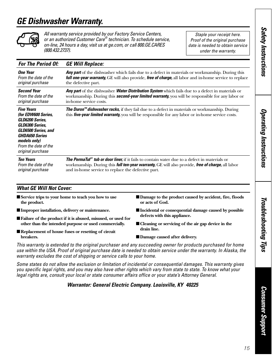 Consumer support, Warranty, Ge dishwasher warranty | GE EDW6000 User Manual | Page 15 / 16