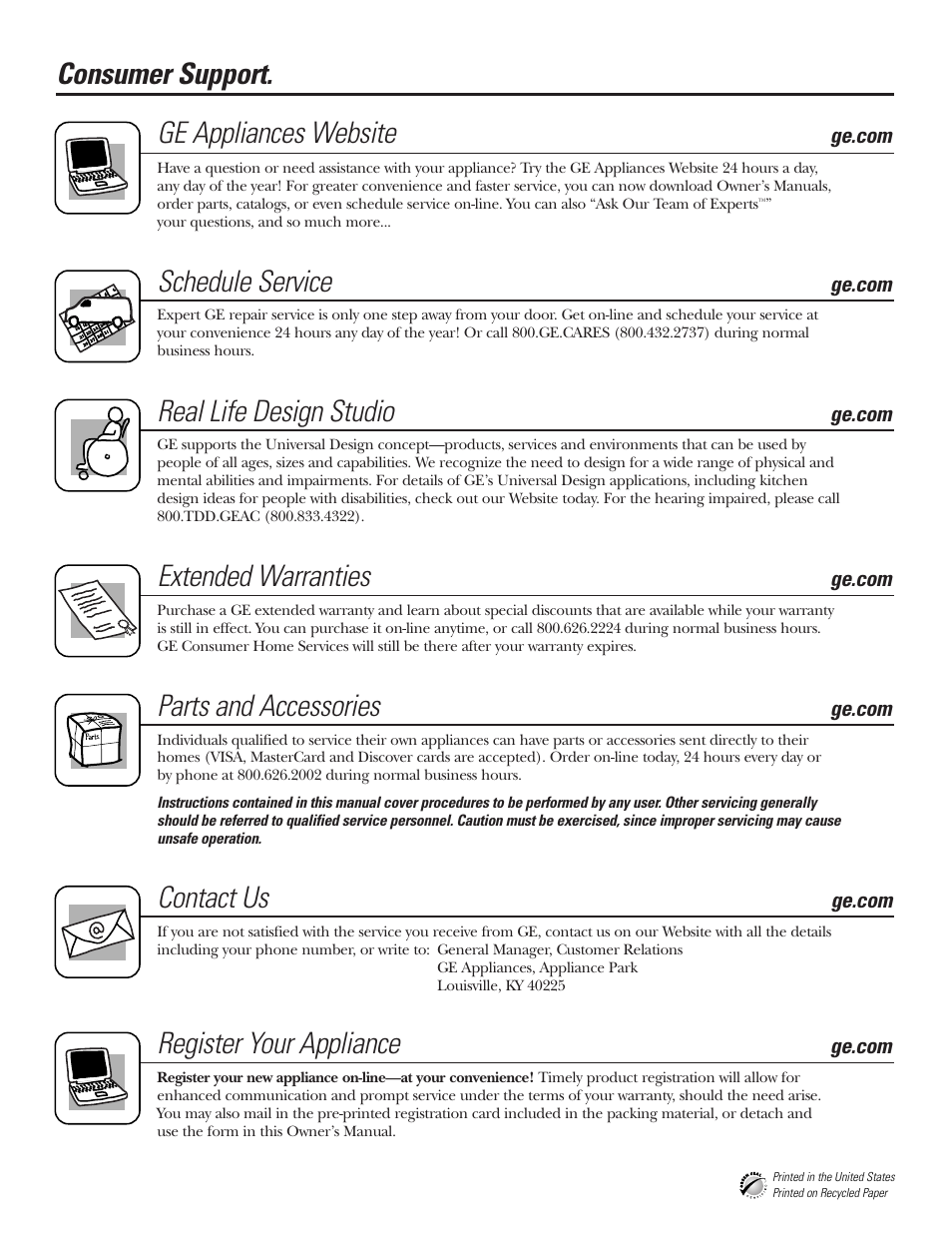 Consumer support, Consumer support . . .back cover, Consumer support. ge appliances website | Schedule service, Real life design studio, Extended warranties, Parts and accessories, Contact us, Register your appliance | GE EDW6000 User Manual | Page 16 / 16