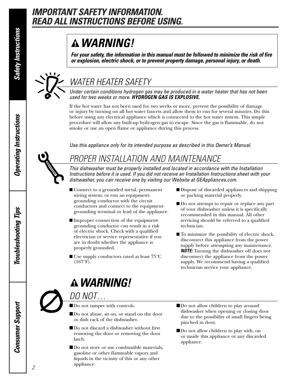 Safety instructions, Warning, Water heater safety | Do not | GE EDW6000 User Manual | Page 2 / 16