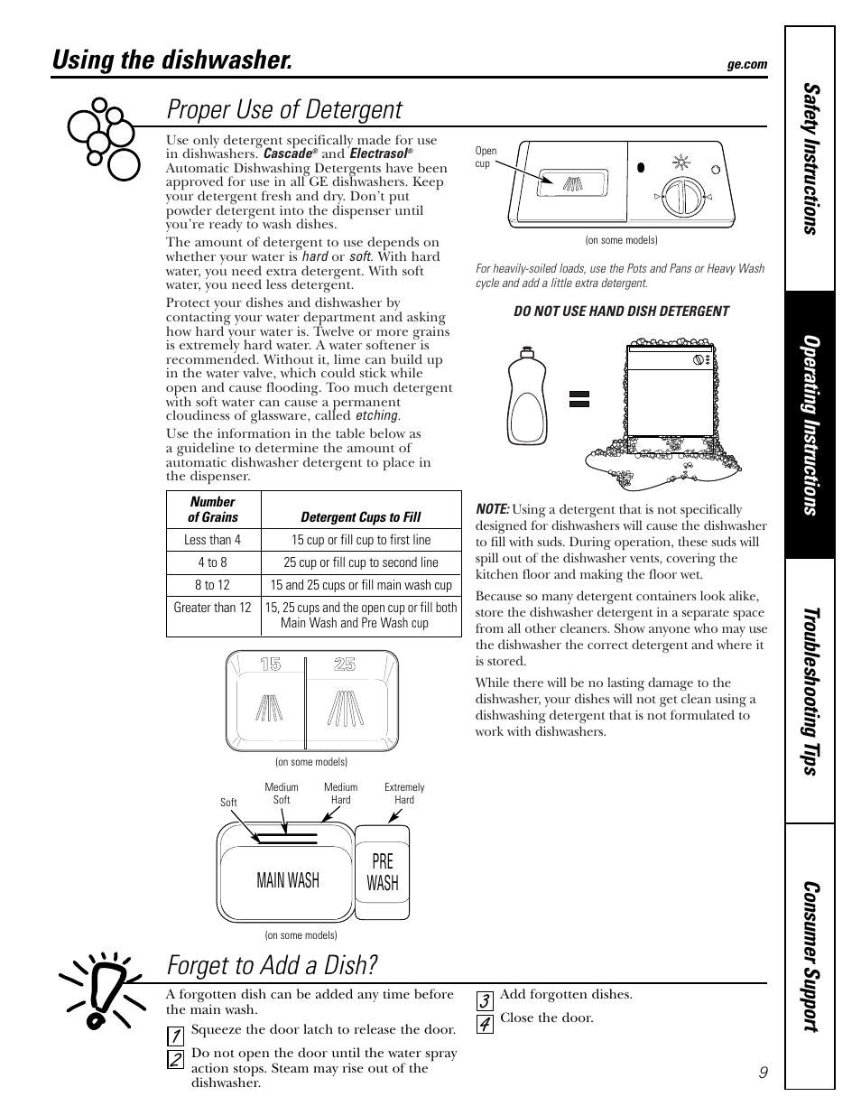 Using the dishwasher, Proper use of detergent forget to add a dish, Main wash pre wash | GE EDW6000 User Manual | Page 9 / 16