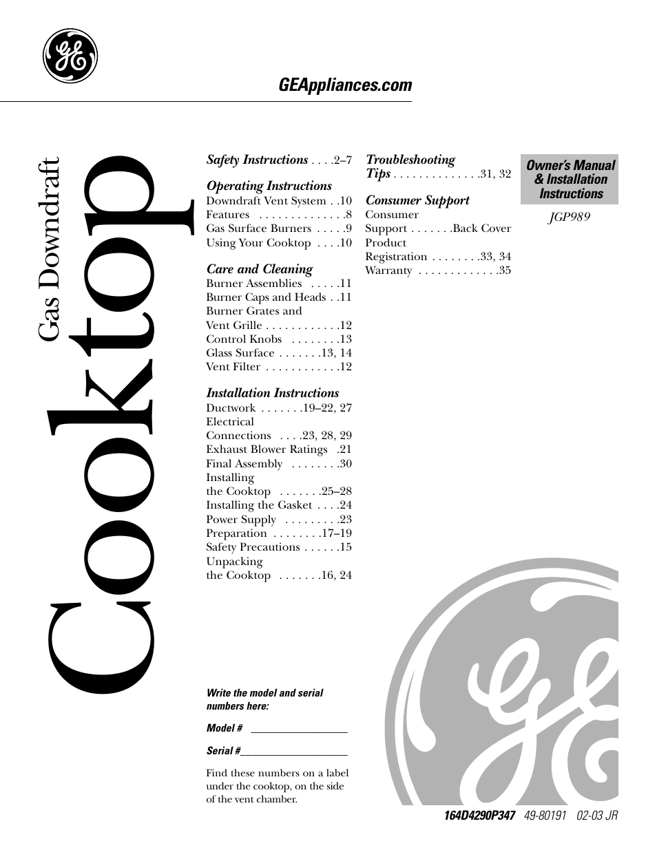 GE JGP989 User Manual | 72 pages