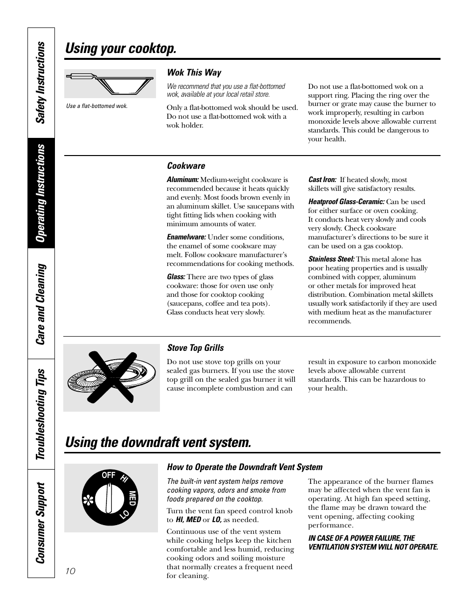 Downdraft vent system, Using your cooktop, Using the downdraft vent system | GE JGP989 User Manual | Page 10 / 72