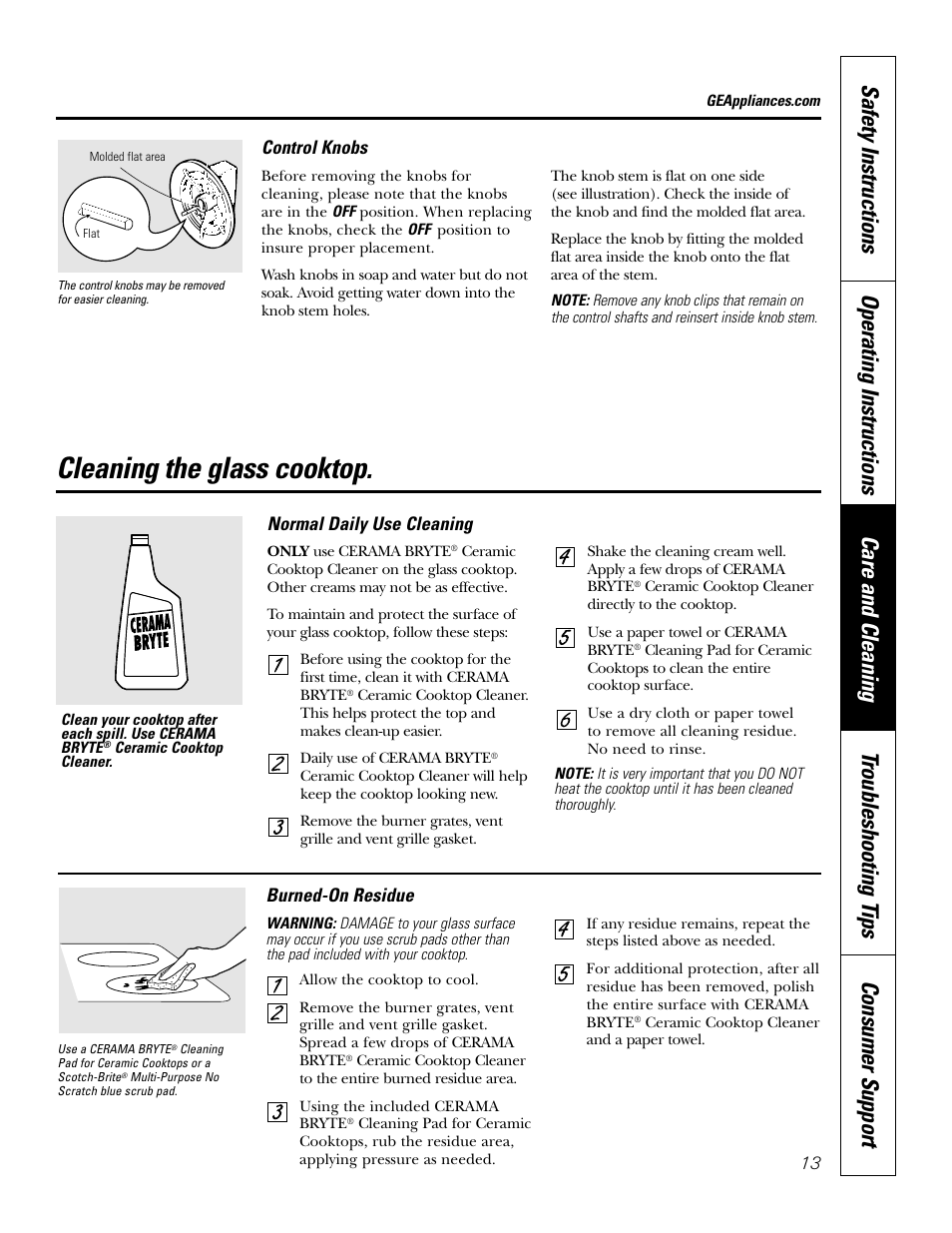 Control knobs, Glass surface, Control knobs glass surface , 14 | Cleaning the glass cooktop | GE JGP989 User Manual | Page 13 / 72