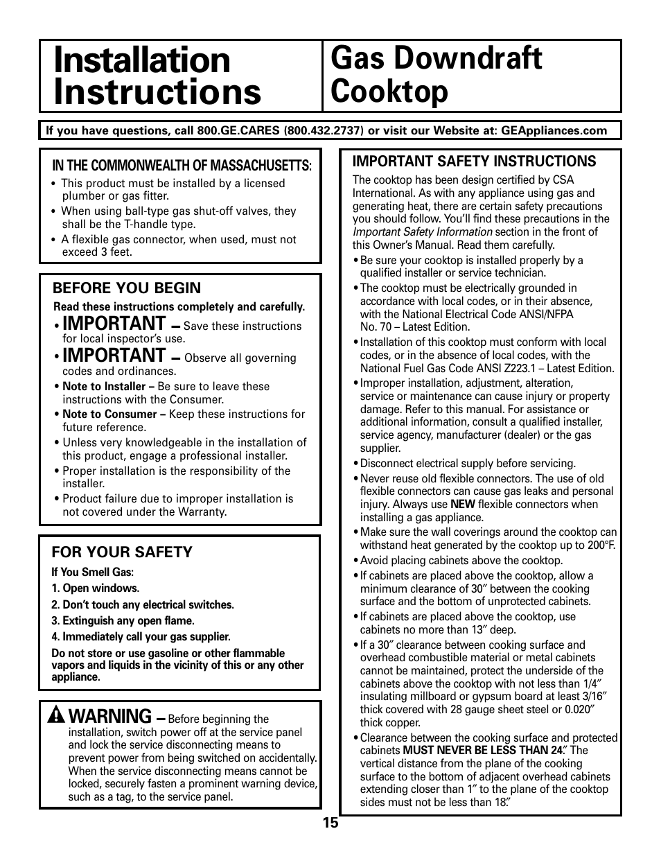 Safety precautions, Installation, Instructions | Gas downdraft, Cooktop, Important, Warning | GE JGP989 User Manual | Page 15 / 72