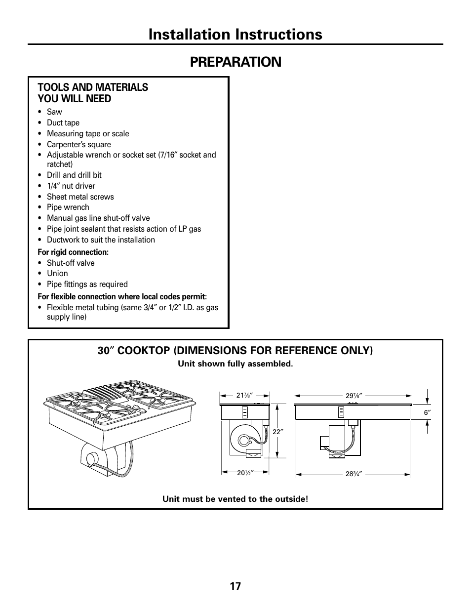 Preparation, Preparation –19, Installation instructions | 17 tools and materials you will need, 30 ″ cooktop (dimensions for reference only) | GE JGP989 User Manual | Page 17 / 72