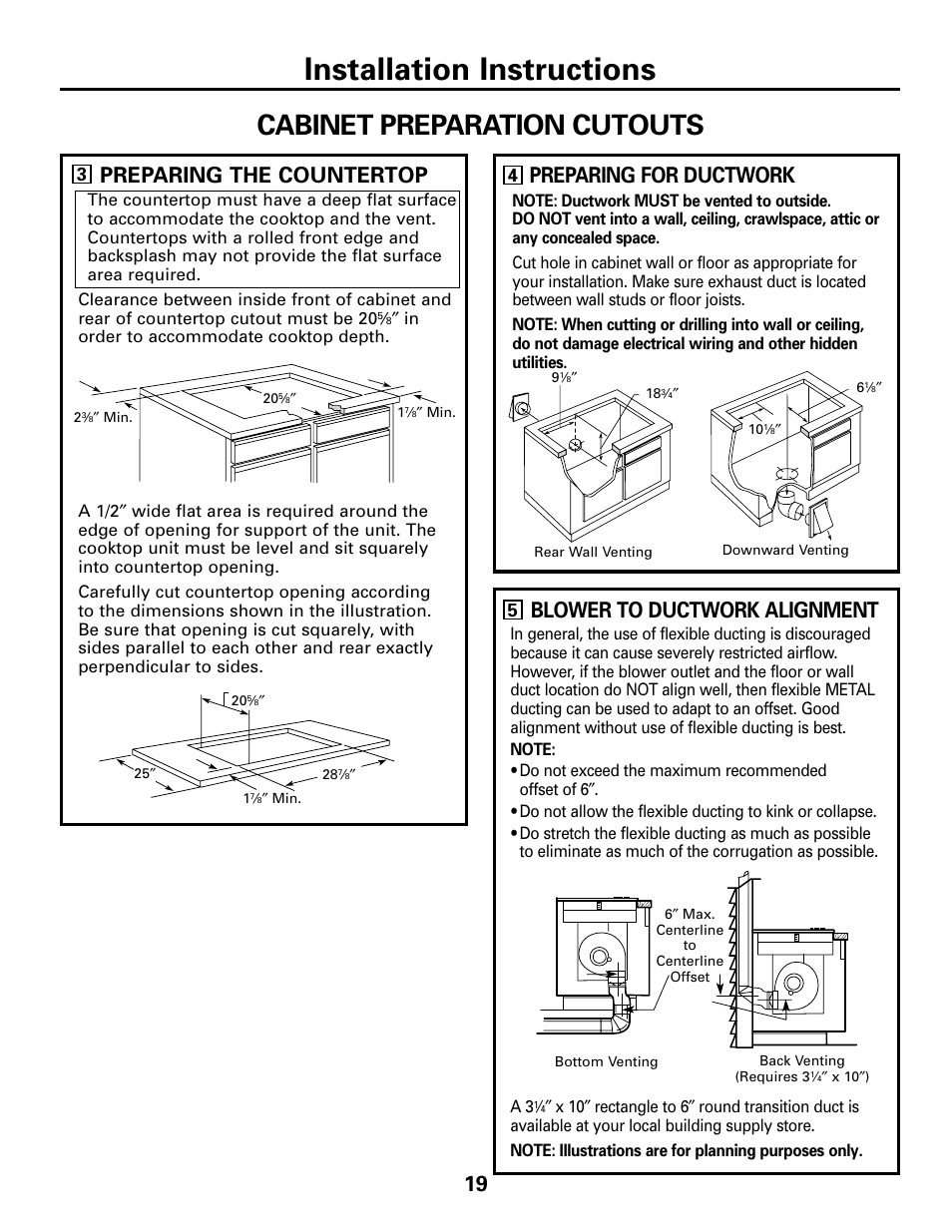 Ductwork, Ductwork –22, 27, Installation instructions | Cabinet preparation cutouts, Preparing the countertop, Preparing for ductwork, Blower to ductwork alignment | GE JGP989 User Manual | Page 19 / 72