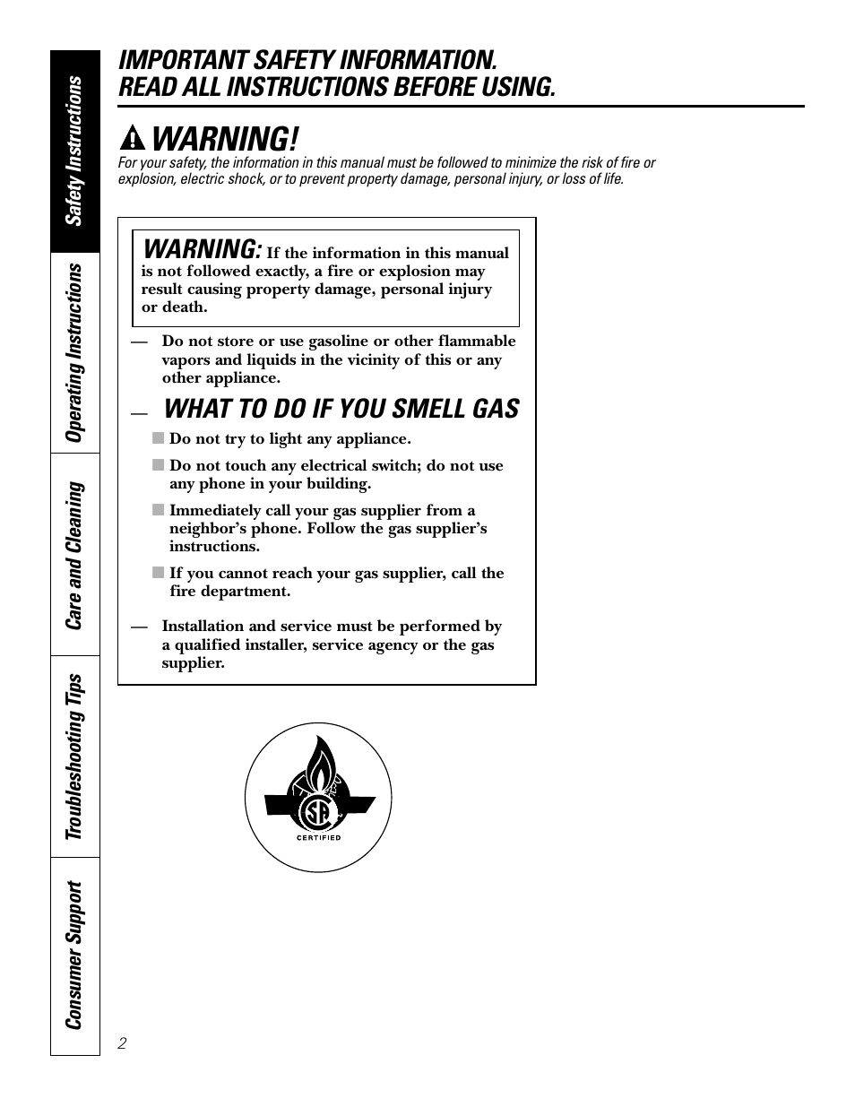 Safety instructions, What to do if you smell gas, Warning | GE JGP989 User Manual | Page 2 / 72