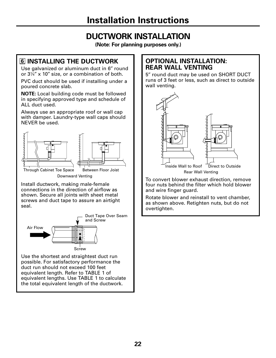 Installation instructions, Ductwork installation, 22 optional installation: rear wall venting | Installing the ductwork | GE JGP989 User Manual | Page 22 / 72