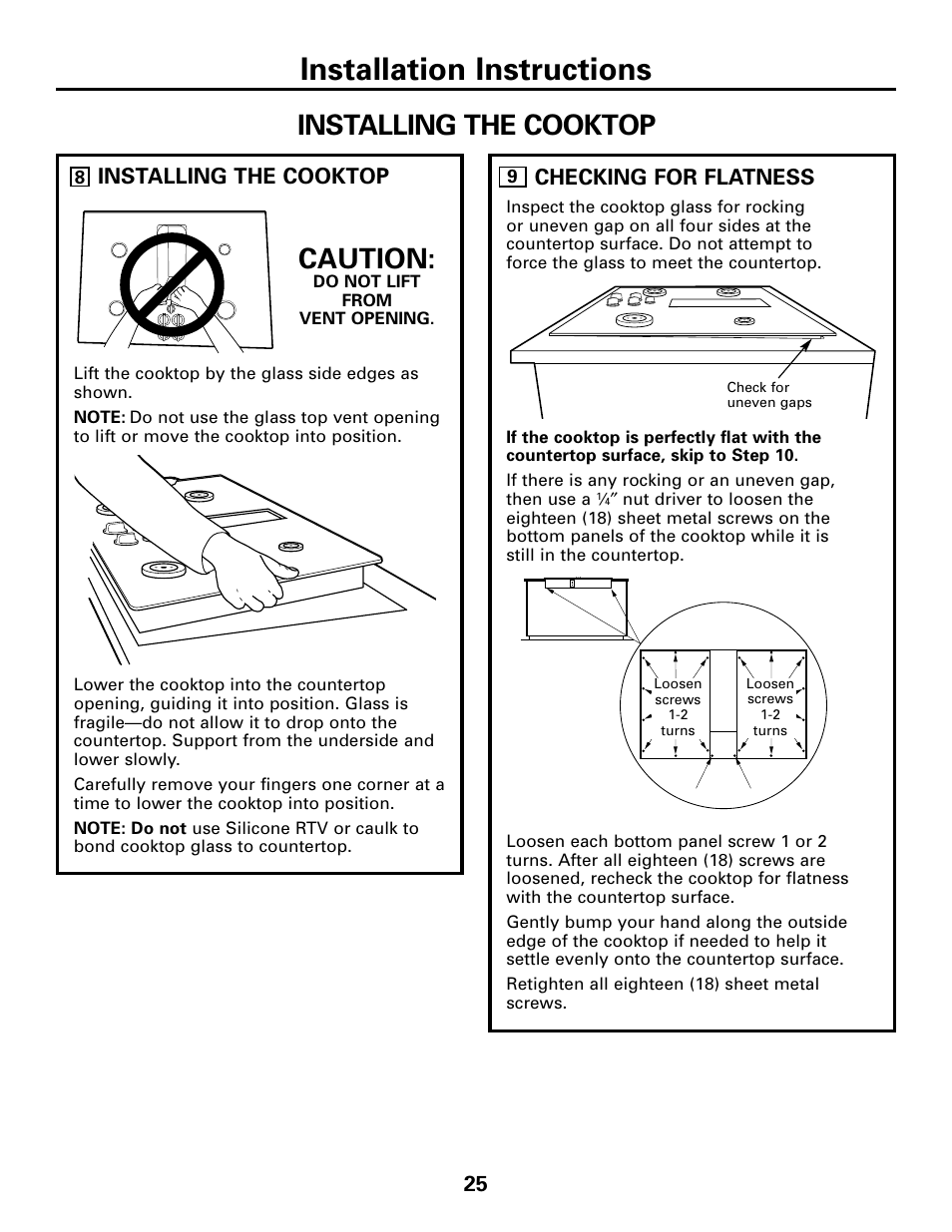 Installing the cooktop, Installing the cooktop –28, Installation instructions | Caution, Checking for flatness | GE JGP989 User Manual | Page 25 / 72