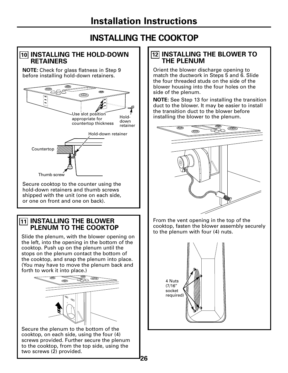 Installation instructions, Installing the cooktop | GE JGP989 User Manual | Page 26 / 72