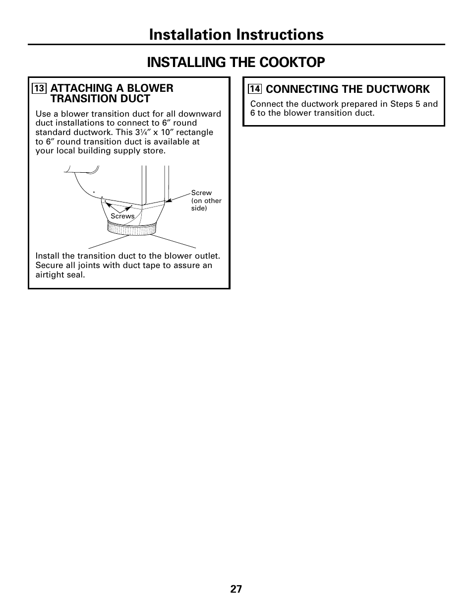 Installation instructions, Installing the cooktop | GE JGP989 User Manual | Page 27 / 72