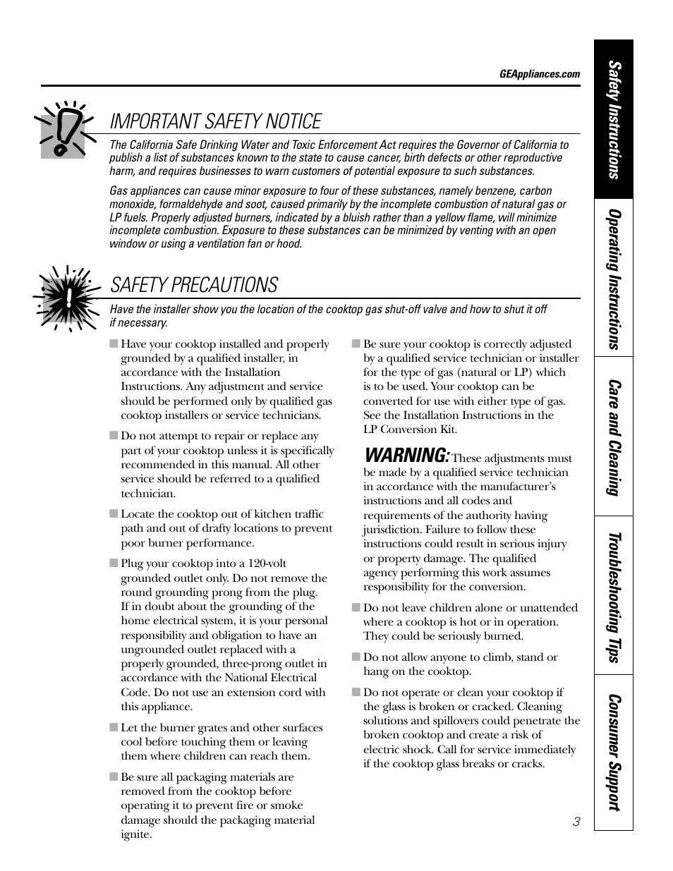 Important safety notice, Safety precautions, Warning | GE JGP989 User Manual | Page 3 / 72