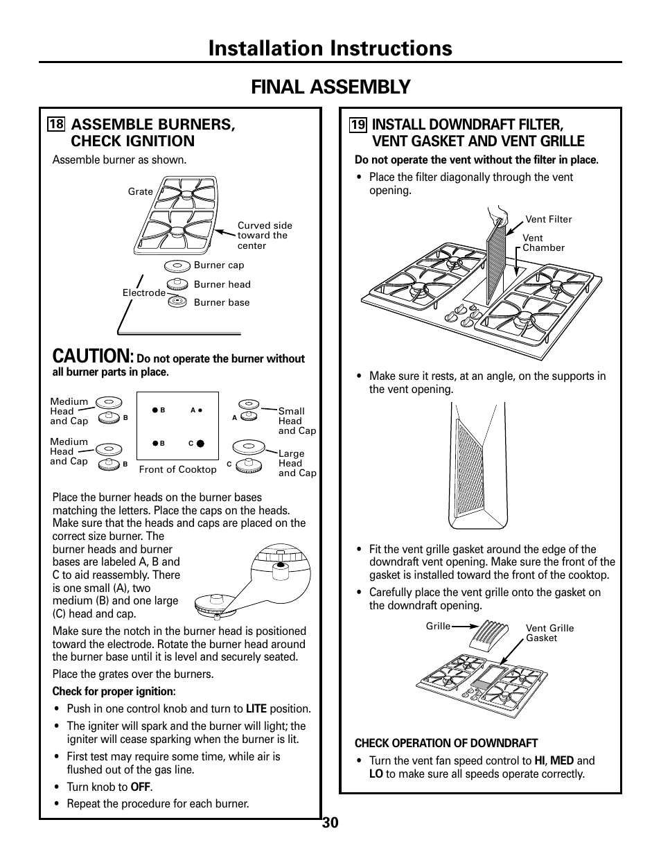 Final assembly, Installation instructions, Caution | Assemble burners, check ignition | GE JGP989 User Manual | Page 30 / 72