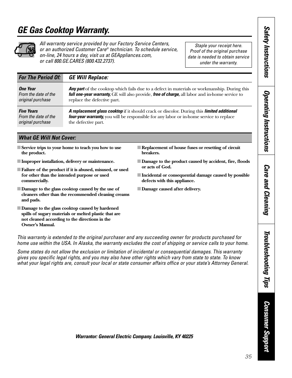 Warranty, Ge gas cooktop warranty | GE JGP989 User Manual | Page 35 / 72