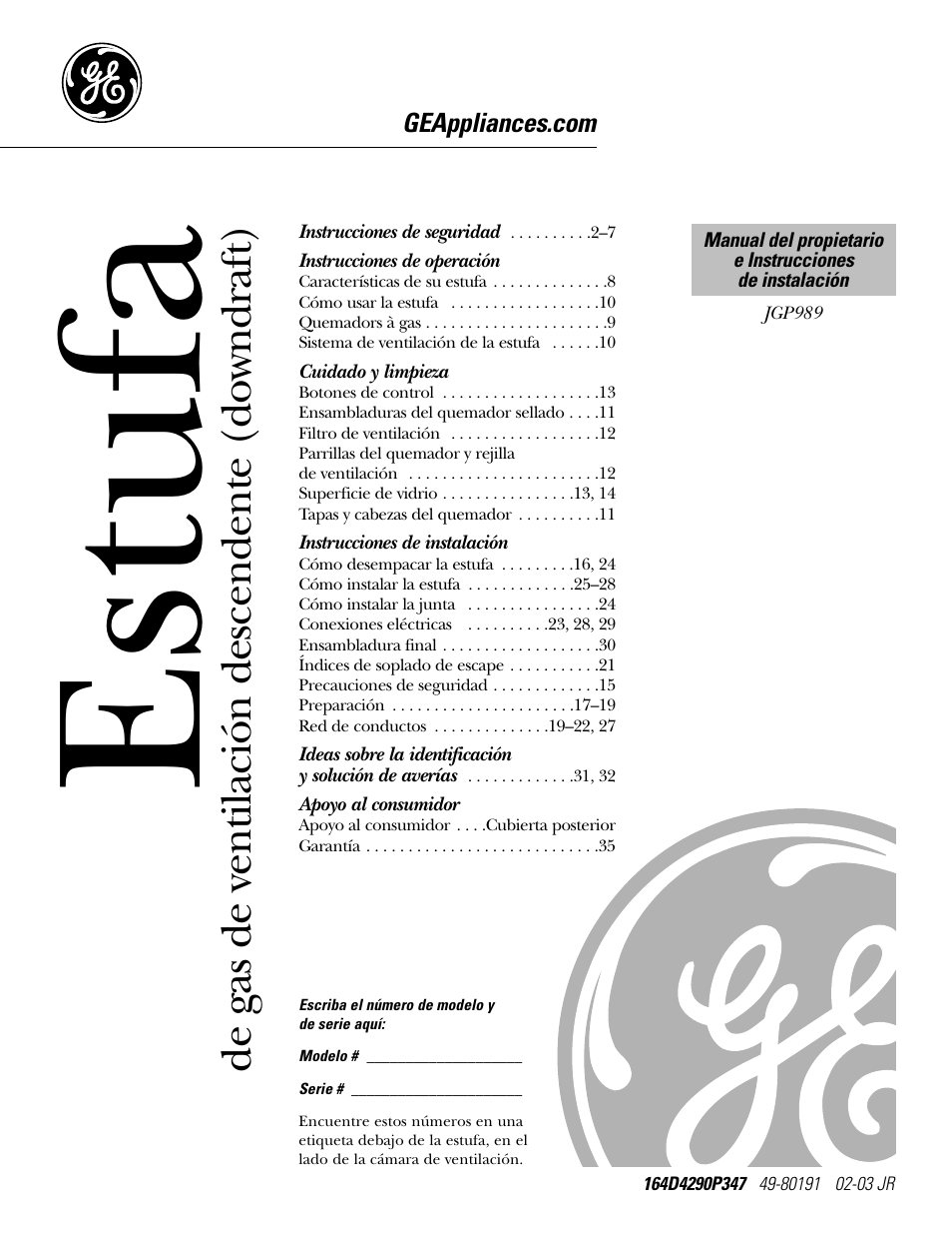 Spanish table of contents, Instrucciones de operación, Cuidado y limpieza | Instrucciones de instalación, Apoyo al consumidor, Estufa, De gas de ventilación descendente (downdraft) | GE JGP989 User Manual | Page 37 / 72